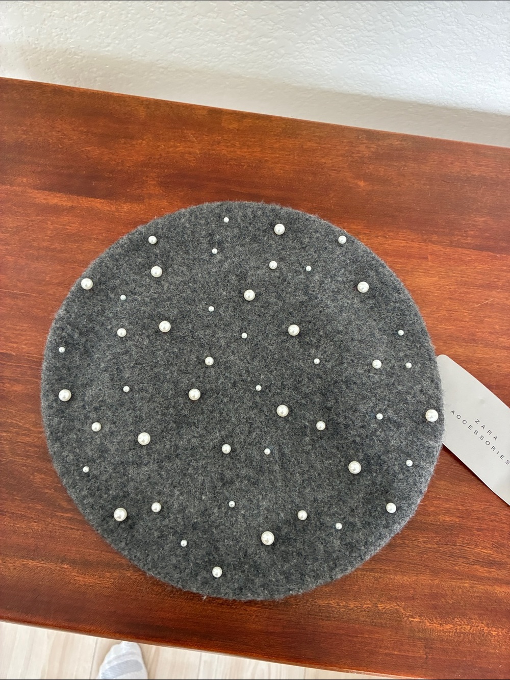 Zara Gray Pearl-Studded Wool Beret